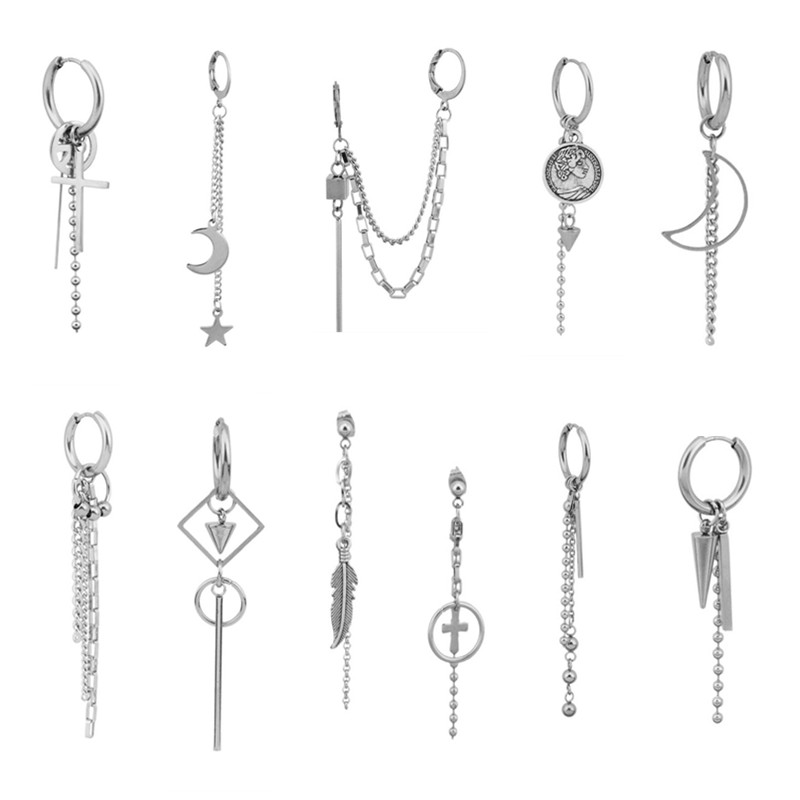 Boucles d'oreilles en acier inoxydable pour hommes/femmes, pendentif étoile lune, pompon Long, unisexe, bijoux Kpop Suga JIMIN, 1 pièce