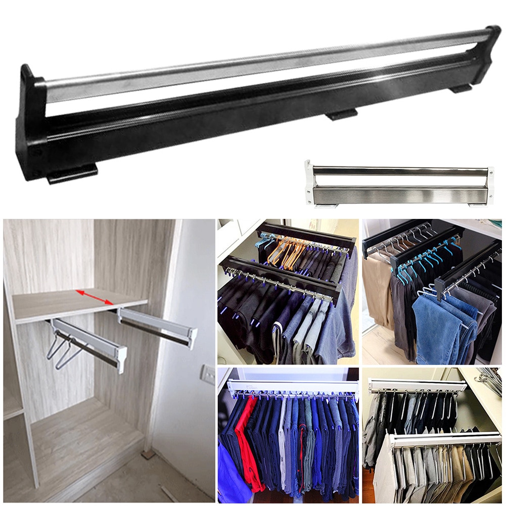 Let at installere hjemmetøjskinne rustfrit stål pladsbesparende skab betjent stang holdbar udtræk garderobe bøjle opbevaringsholder