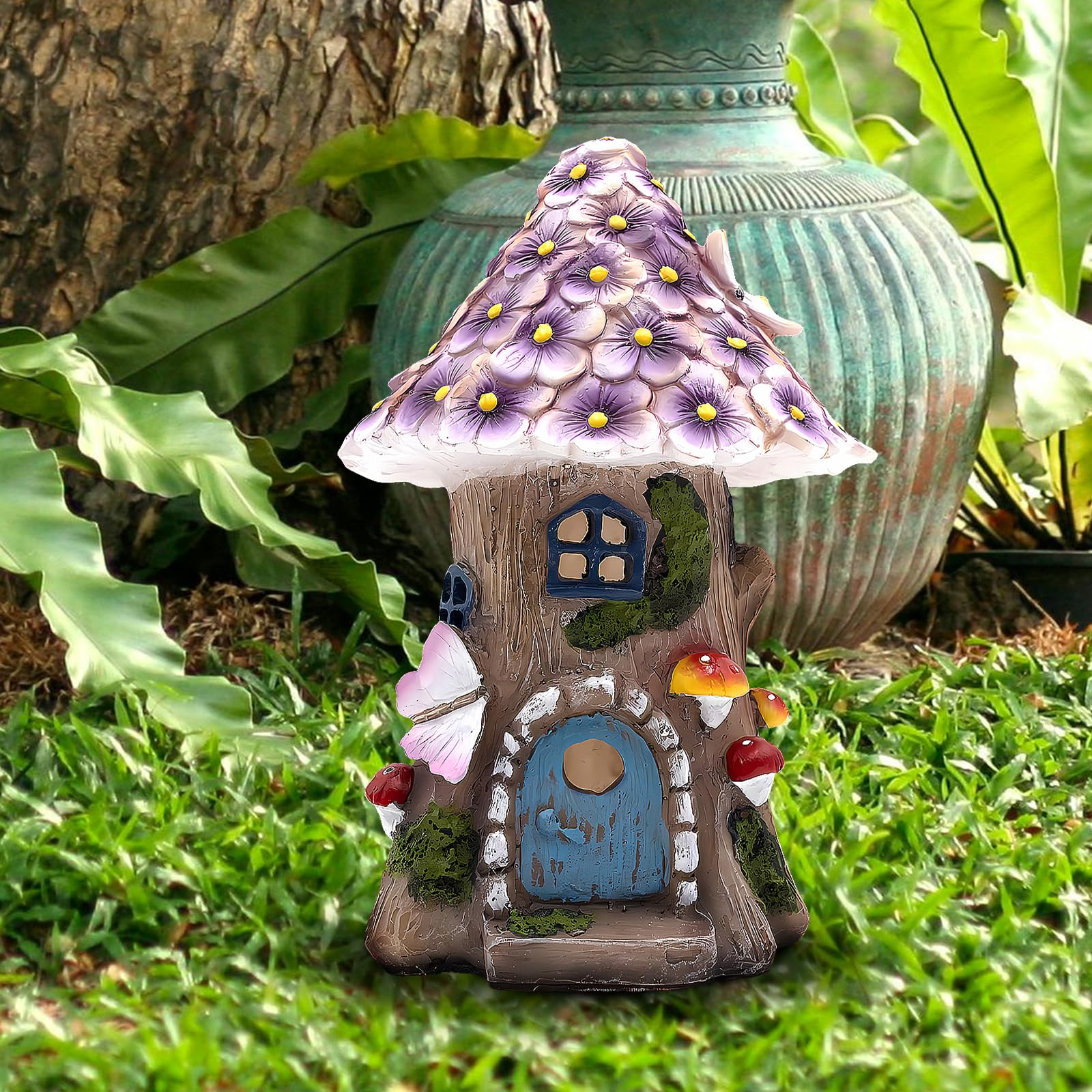 Estatua solar al aire libre de la casa del jardín de hadas, figuras de setas iluminadas, decoraciones de césped para patio, hadas para casa en miniatura
