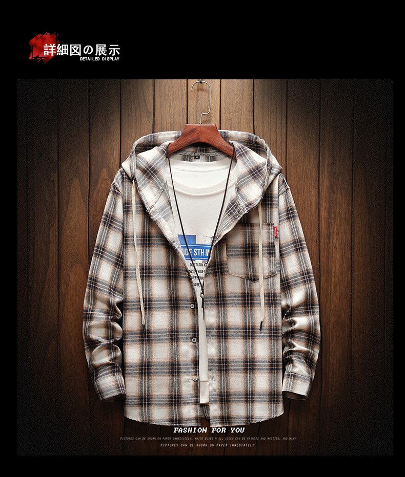 lässig Mit Kapuze Plaid Hemden für männer Lange Ärmeln Neue Frühling Herbst Plus Asiatische Größe M-5XL 100% Baumwolle: Kakifarbig / XXL