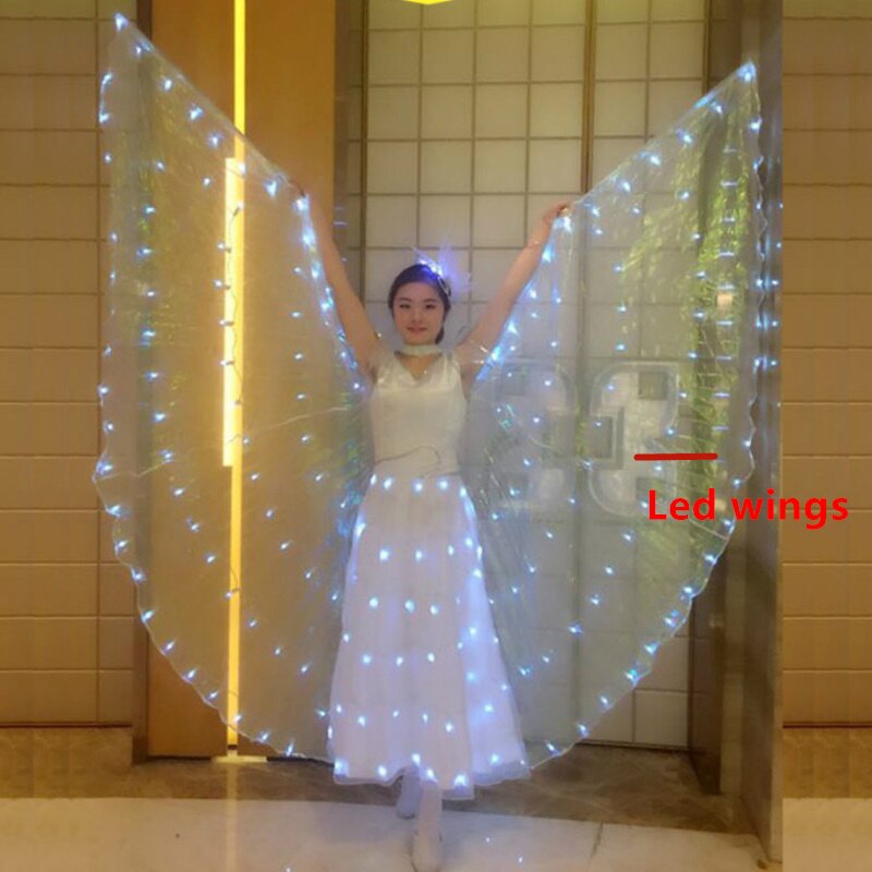 Ruoru, alas Led para danza del vientre para adultos y niñas, disfraz de Alas de Led de carnaval, Led blanca con alas de Isis, vestido Led con flores para cabeza, ropa para danza del vientre: led wings / S 145cm to 155cm