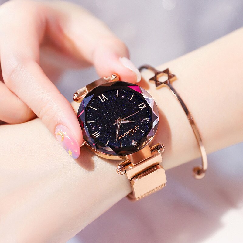Elegante Mode Horloge Voor Vrouwen Magneet Quartz Vrouwen Horloge Gesp Sterrenhemel Romeinse Cijfer Lady Horloge: Rose Gold