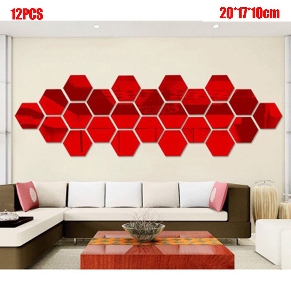 Spot 12 pièces hexagonales miroir Stickers muraux bricolage Art décoration de la maison salon artisanat QP2: Rouge