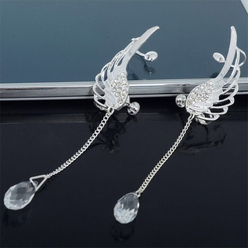 YOYORan 1 Pair crystal wing water clip earring for woman fear cuff feather long chain bead charm clip earring ear cuff jewelry