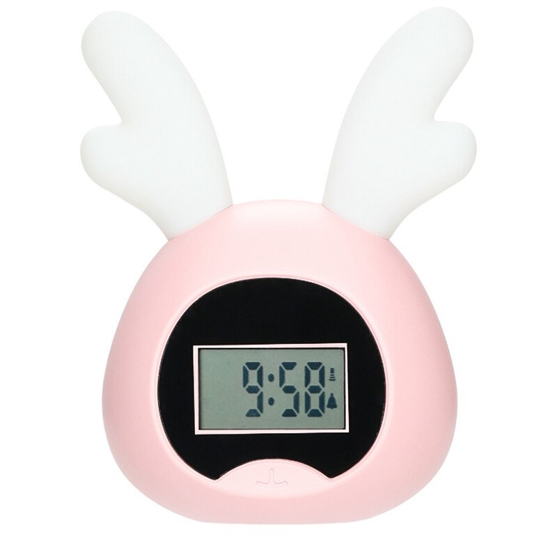 Cute Lighted Antlers Wake Up Digital Alarm Clock for Kids Press Control USB Charge Large Display LED Night Light Clock