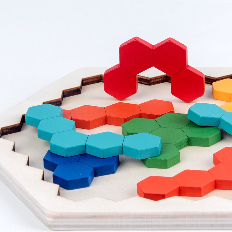 Wood Puzzles IQ Hexagon Puzzle Honeycomb Shape Tangram Board Toy Interesting Changeful Puzzle Toys for Children Adults Education