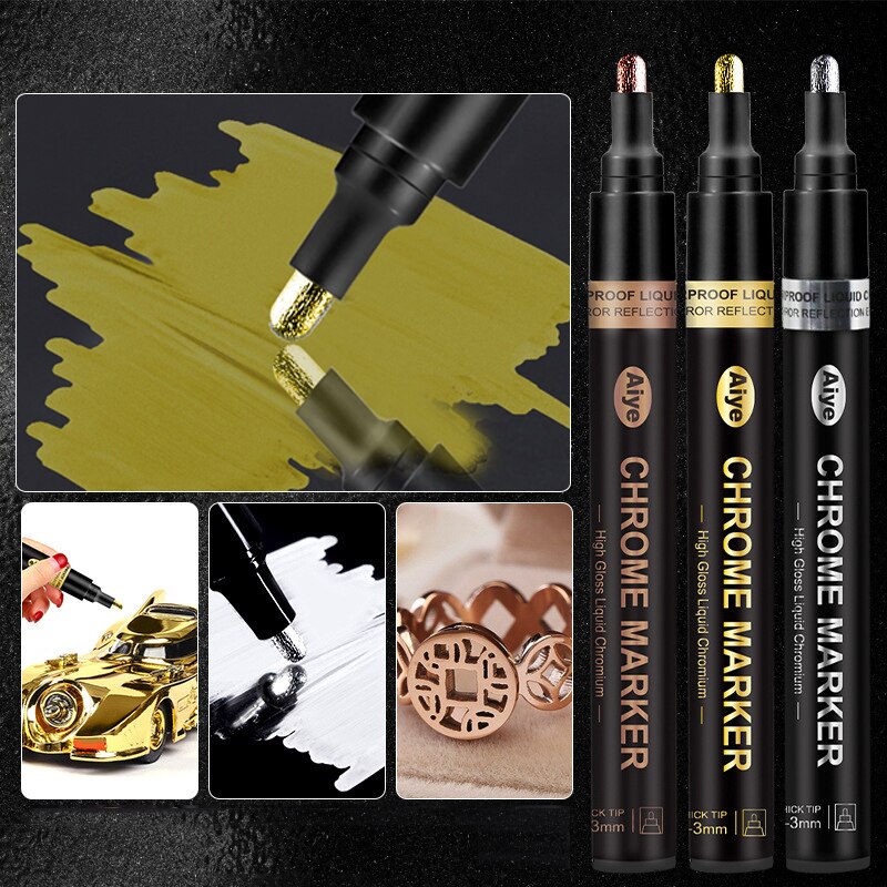 Gold Silver Copper Metallic Liquid Chrome Mirror Marker Pen Waterproof Ink Crude Nib Mirror Metal Effect Craftwork Pen