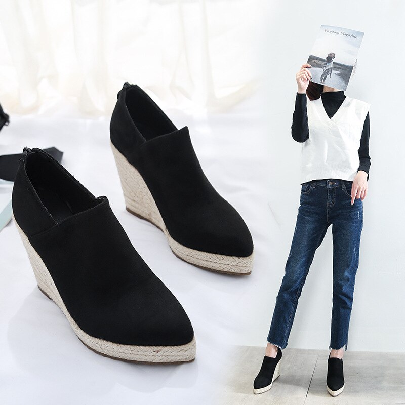 Women High Heel Wedges Paltform Style Shoes Espadriles Pointed Toe Thick Bottom High Heels Straw Sandals