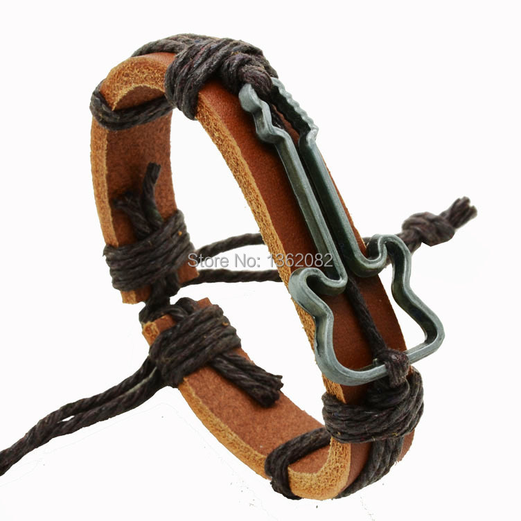 silver grey gitaar silhouet muziek verstelbare lederen henneptouw vriendschap armbanden MB37