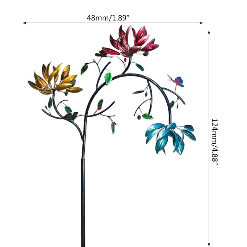 67JB Large Metal Wind Spinner with Three Spinning Flowers Butterflies Windmill Wind Sculpture for Outdoor Garden Art Decor
