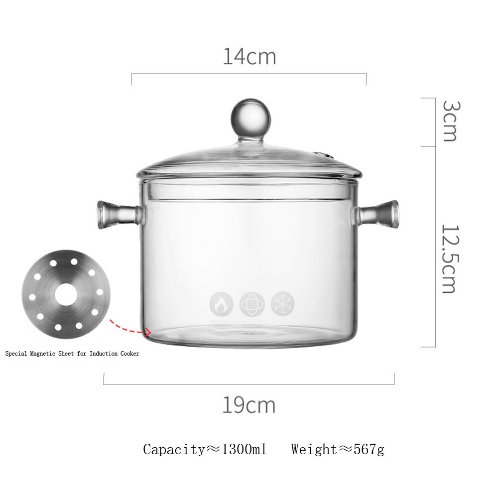 Glass Saucepan Stove Pot Transparent Borosilicate Glass Cooking Pot Stockpot Heat Resistant Boil Water Noodles Bowl Soup Cooker: 1.3L  Magnetic Sheet