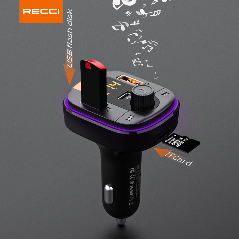 Recci  rq01 multifunctional wireless car  mp3 player bluetooth dual usb fm transmitter 48wpd fast charging