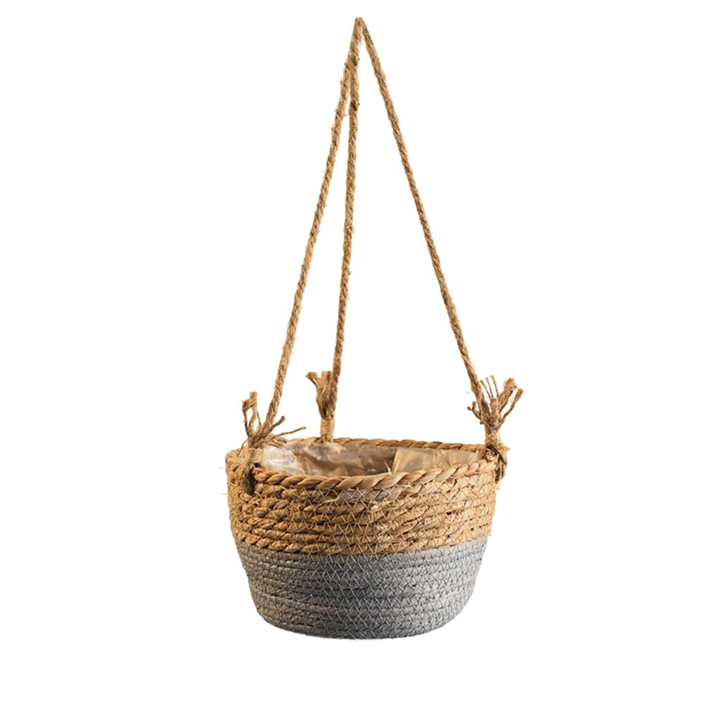 jute tau hengende kurv hengende planter kurv jute tau macrame plante hengende blomster lagrings arrangør til utendørs hage: Grå