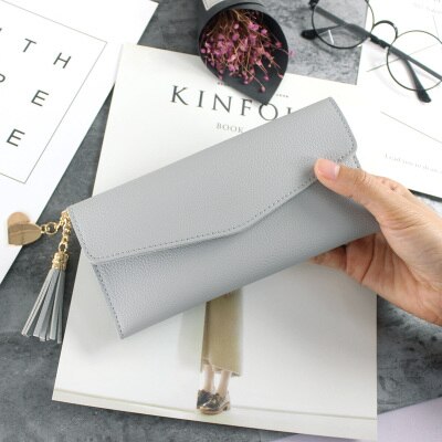 Lang læder pung dame punge tri-fold kvast dame pung pu pung hjerteformet vedhæng clutch kortholder telefontaske: Grå