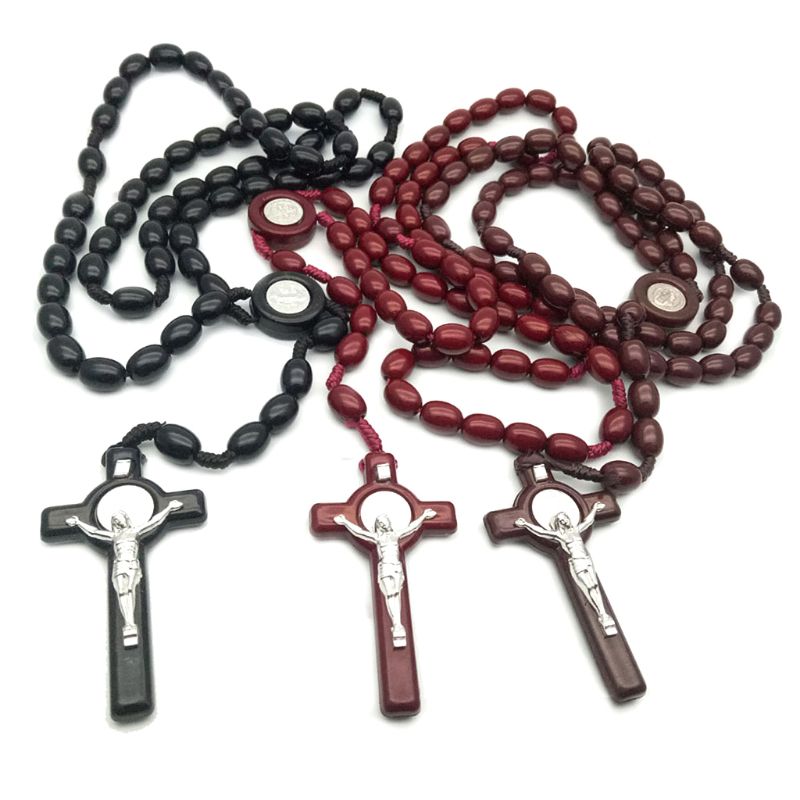 Jesus Holz Perlen 8mm Rosenkranz Perle Kreuz Anhänger Halskette gewebte Seil Kette Schmuck Zubehör