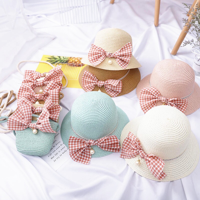 Sombrero de paja de princesa con flores para bebé, sombrero de paja con bolsa de mano, visera de Sol para niño y niña, protección UV, Sombrero de Panamá con lazo
