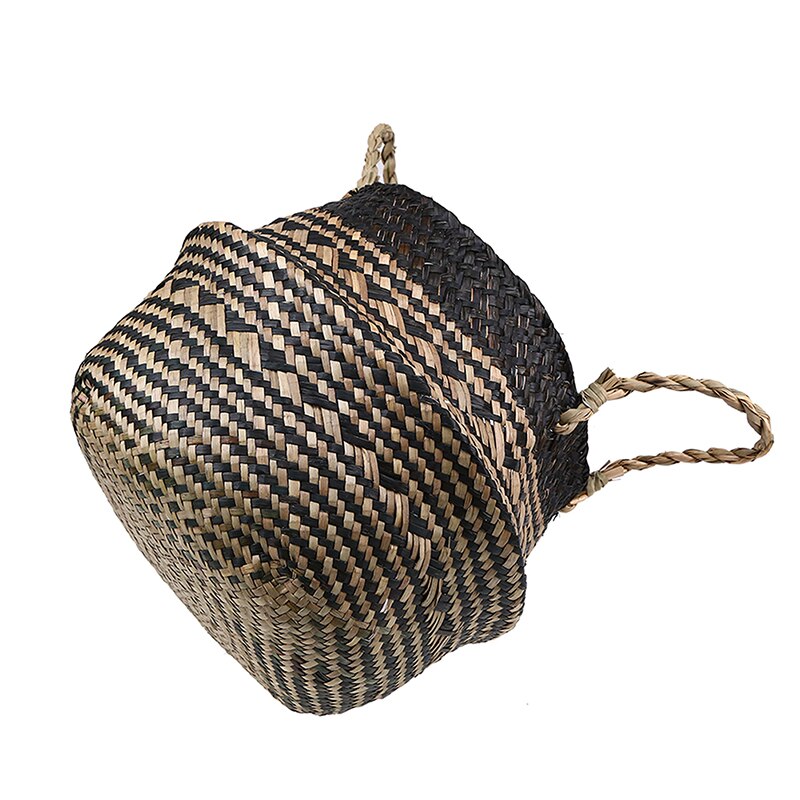 Handmade Woven Storage Basket with Black Grid Seagrass Wicker Garden Flower Plant Pot Laundry Container Toy Storage Holder