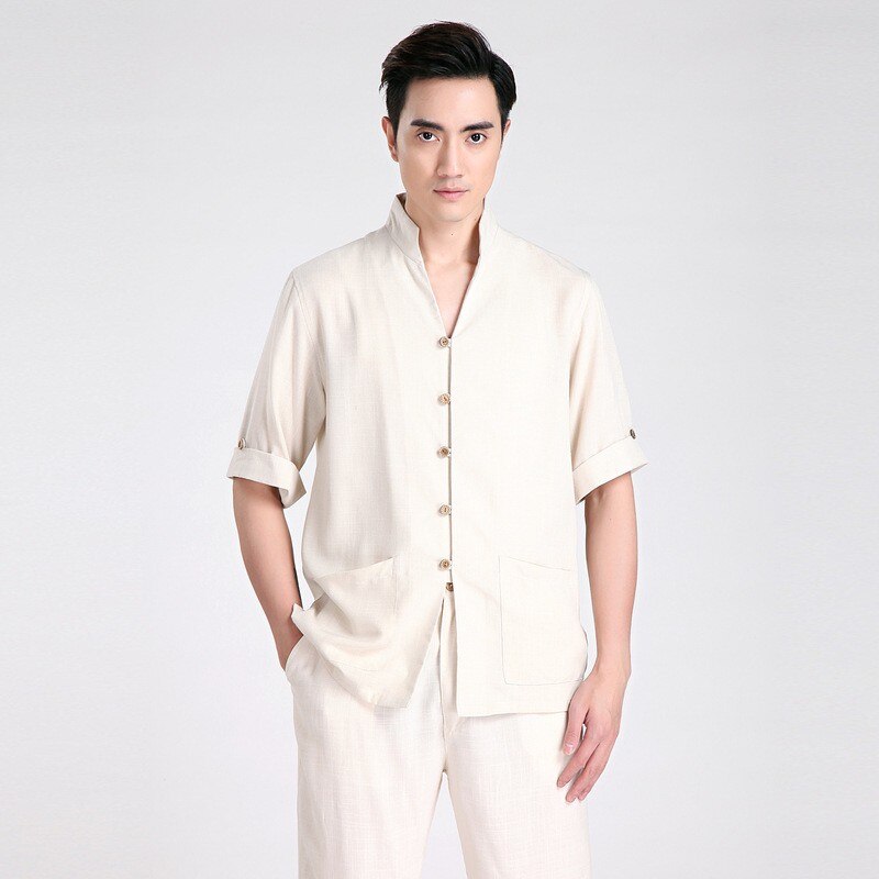 Zomer Mode Beige Chinese heren Linnen Klassieke Kung Fu Shirt Chinese Knop Kostuum Tang Pak Maat S M L XL XXL XXXL 2603