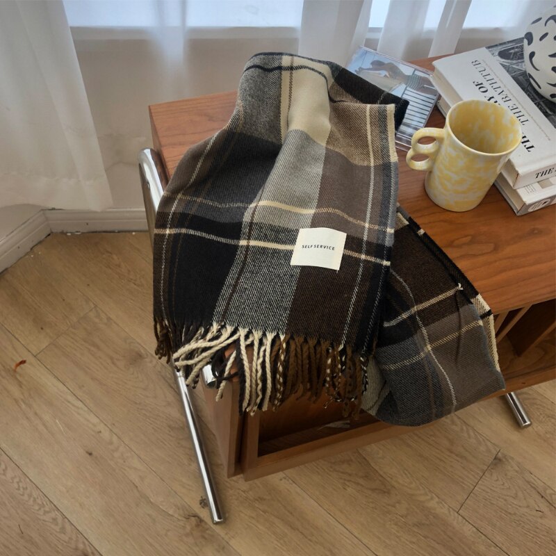 Korea Girls Scarf Women Cashmere ins Plaid Brown Scarf Warm Winter Pashmina Foulard Shawls Wraps Bandana