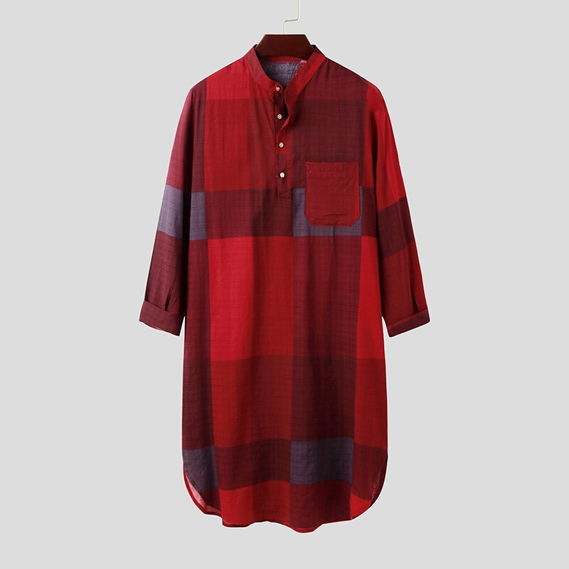 Man Mode Plaid Slaap Gewaden Gezellige Knoppen Nachtkleding Incerun Mannen Lange Mouw O Hals Nachtkleding Losse Katoenen Zakken Nachtjapon 5XL: Red / 4XL