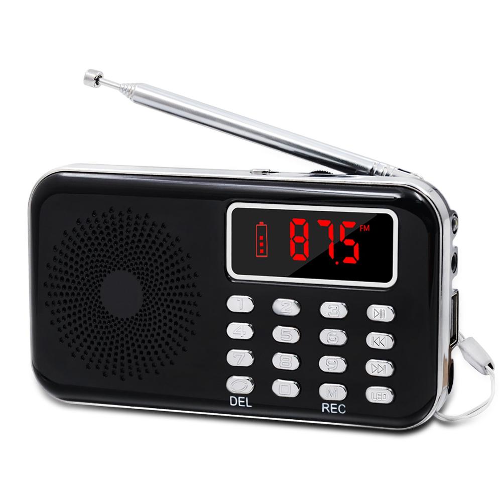 Lefon Portable Mini Radio FM Stereo Receiver Speaker Recorder MP3 Player Support TF SD Card USB AUX LED Display Flashlight: Black
