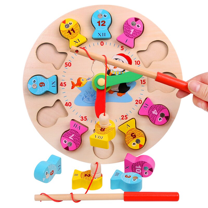 Colorful Baby toy Learning Education Wooden Clock Toy Cartoon Penguin Mermaid Fishing Game Clock Number Time Funny Gadgets Toys