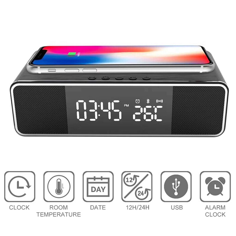 LED Electronic Alarm Clock Temperature Time Display With Wireless Mobile Phone Charging FM Radio Bluetooth Speaker Alarm Clocks