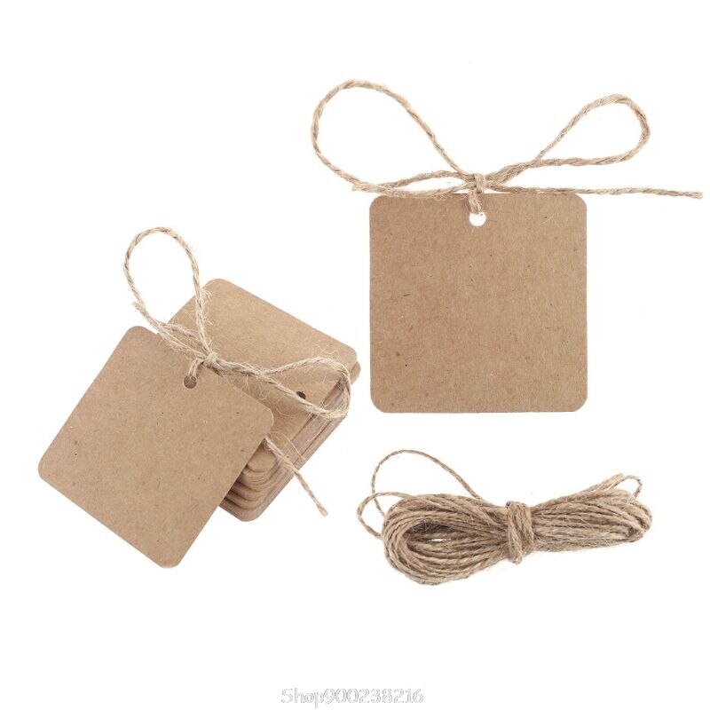 Etiquetas de papel Kraft cuadradas en blanco para , etiqueta de boda, tarjeta de precio, artesanía con hilo de yute de 10m, S15 20, 100 Uds.,: Default Title
