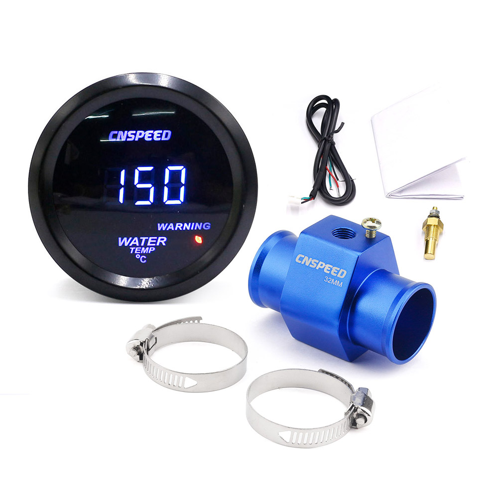 CNSPEED-indicador Digital de temperatura del agua para coche, 2 pulgadas, 52MM, Led azul, 40-150 Celsius, adaptador de Sensor de tubería de junta de temperatura del agua, 1/8NPT: With 32mm adapter
