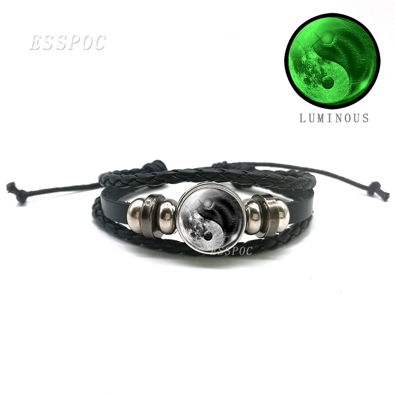 Mode Mannen Yin Yang Kat Lichtgevende Glazen Cabochon Drukknoop Armband Glow in Dark Yin Yang Zwart Lederen Armband: As show 2