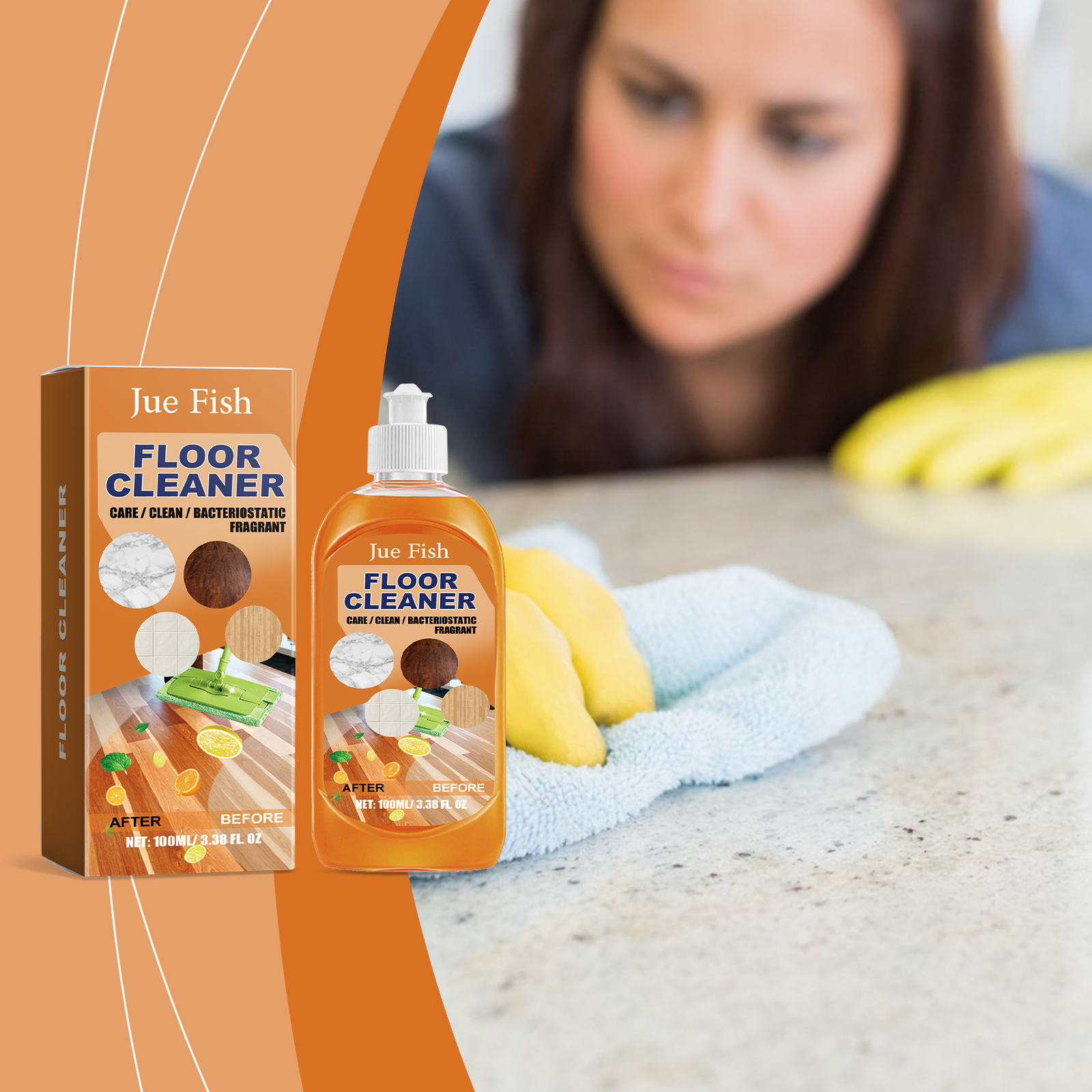 Gulvrens; tregulvsrens, polerings- og hvitemiddel, kraftig smuss- og skittfjerner for fliser