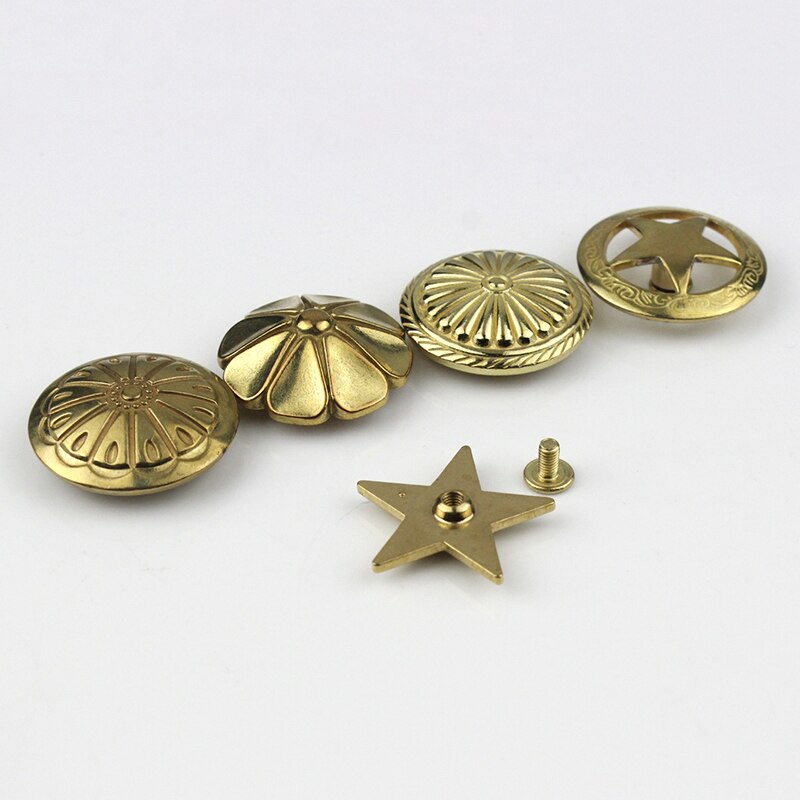 1 X Messing Screwback Conchos Klinknagels Bloem Ster Decoratieve Knoppen Voor Leer Craft Portemonnee Tas Zadel Riem Decor