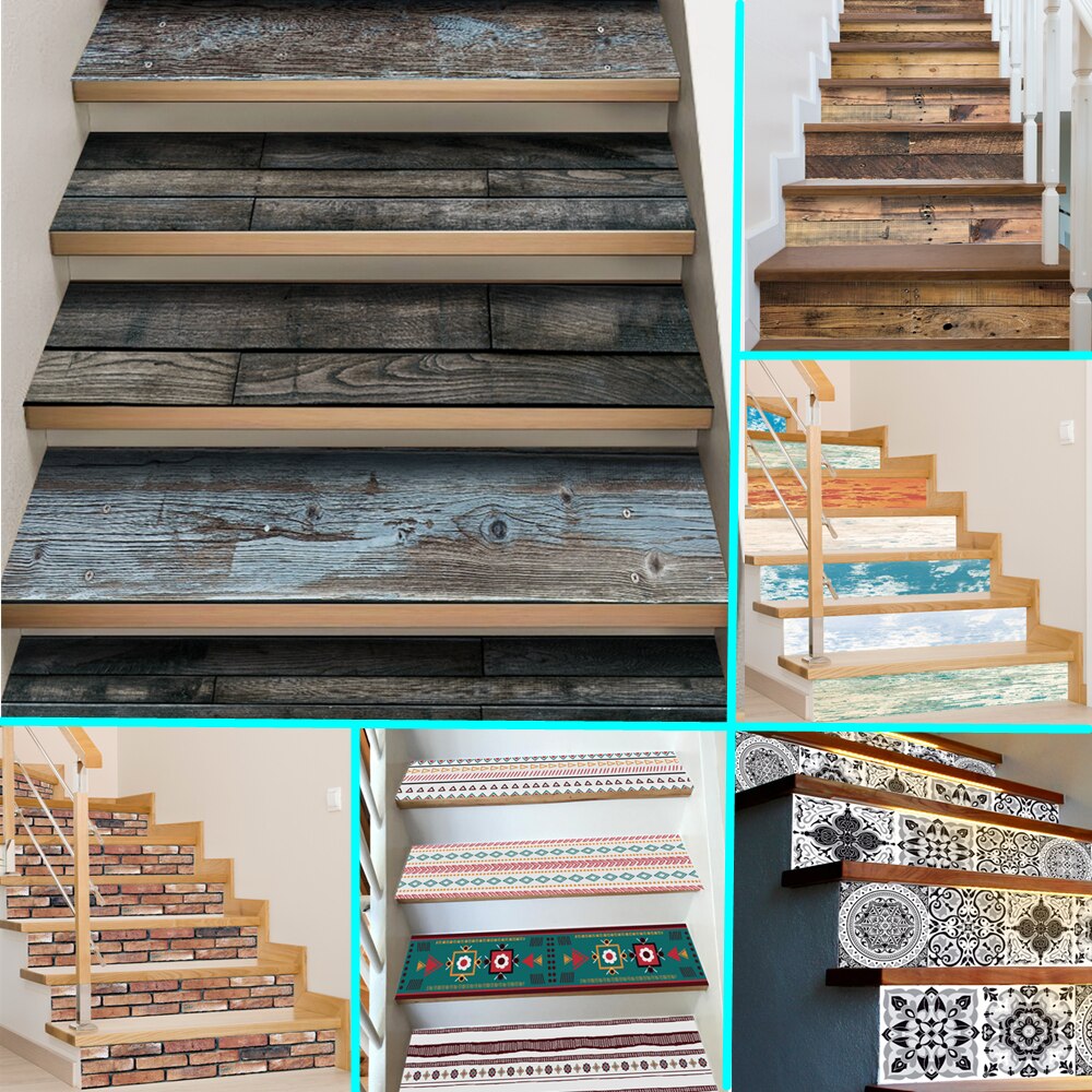 7Pcs Trappen Stickers Houten Trap Decoratie Loopvlak Vinyl Zelfklevende Diy Gevel Muur Baksteen Kunst Patroon Decals 21cm * 100Cm