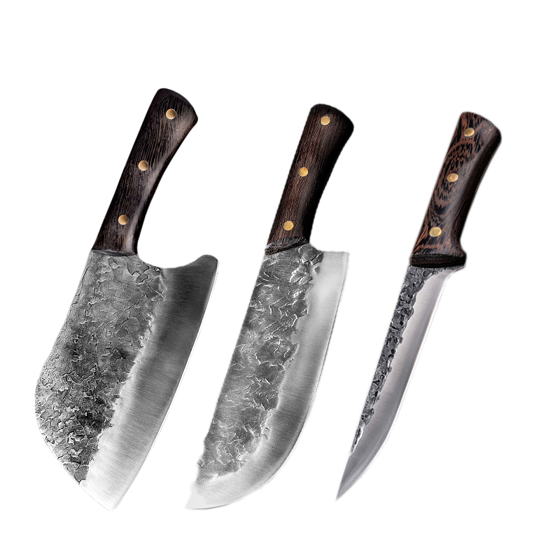 Handmade Forged Butcher Knives SET Wide Blade Chopping Kitchen Chef Knife Chinese Cleaver Camping Cooking Serbian Wooden Handle: 3 Pcs Set-1