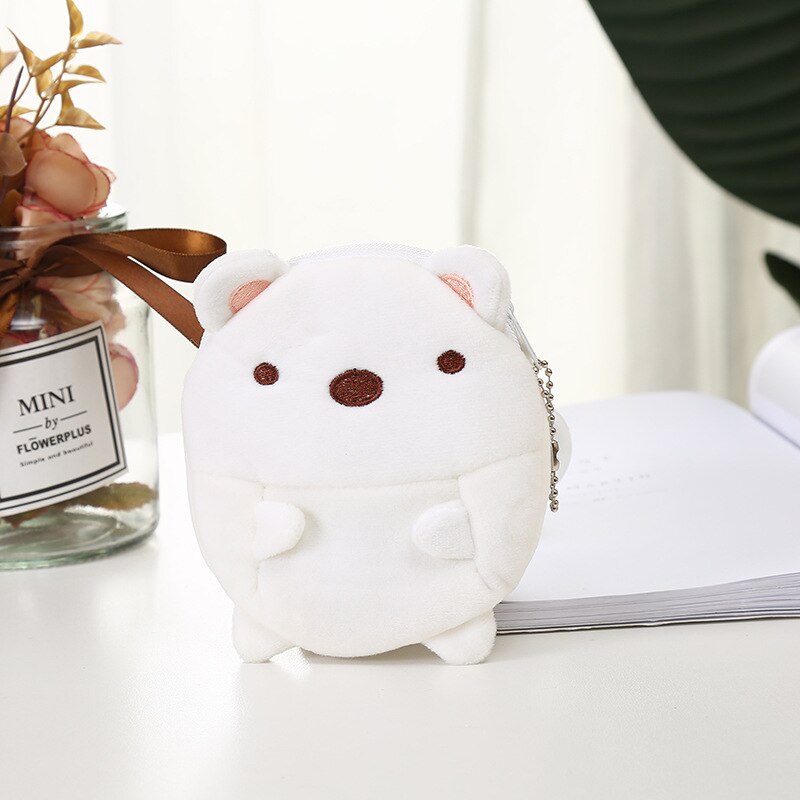 Soft Plush Cartoon Rabbit Bear Women Coin Purse Mini Cute Oval Zipper Children Girl Coin Wallet USB Cable Headset Bag: White Bear