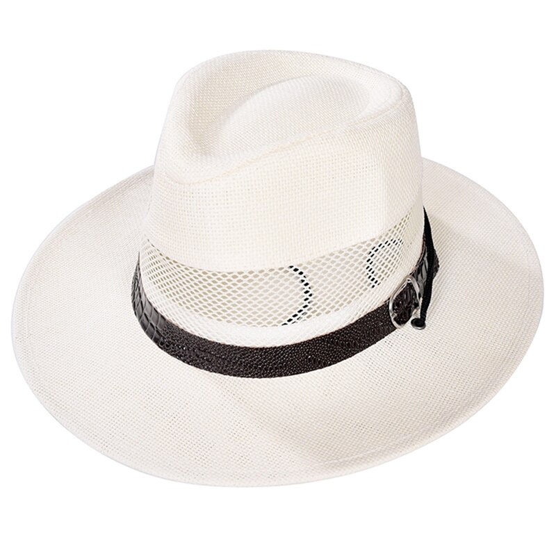 Imixlot Summer Men Straw Cowboy Hat Retro Classic Western England Style Gentleman Bucket Hat with Leather Buckle Decoration: AC