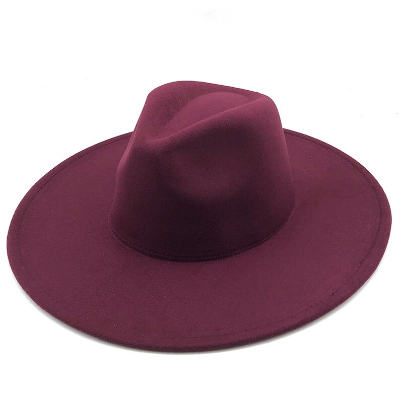Eenvoudige 9.5Cm Brede Rand Grote Witte Fedora Britse Stijl Winter Wol Effen Klassieke Fedora Cap Mannen Vrouwen Panama Jazz hoed: Red wine