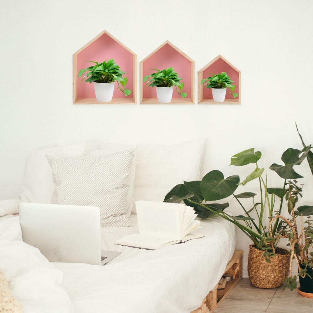 3pcs Wood House Shape Storage Racks Multifunction Wall Shelves for Home
