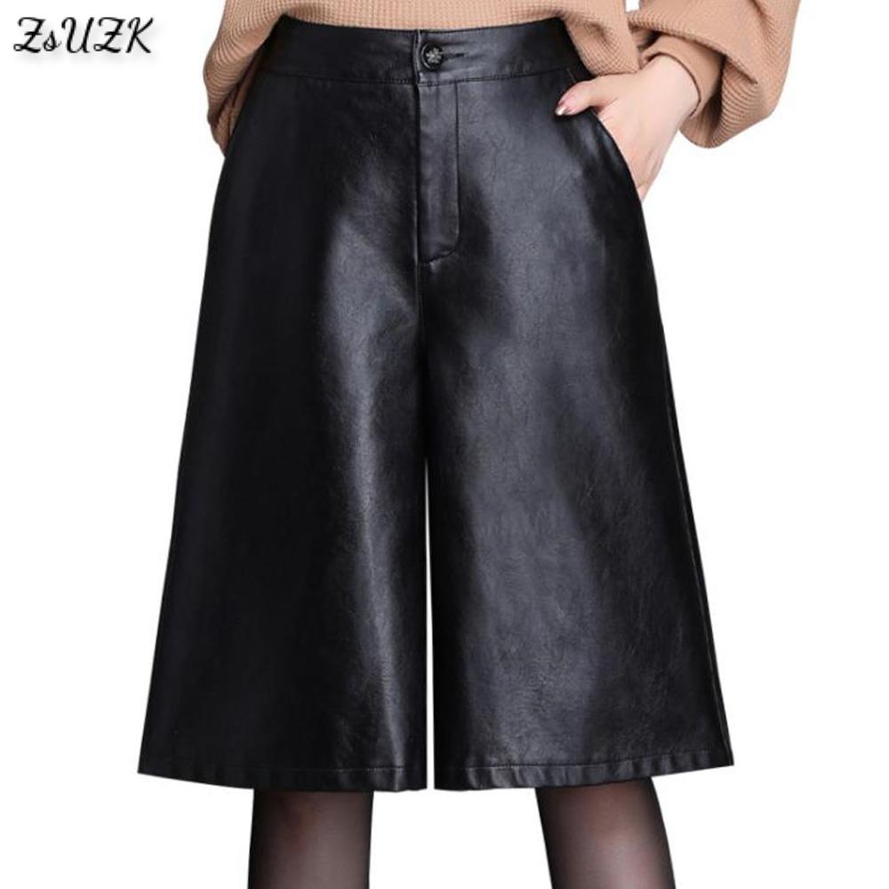 Zwart Pu Lederen Bermuda Voor Vrouwen Losse Lange Shorts Motorfiets Punk Hoge Taille Knielengte Bermuda Femme