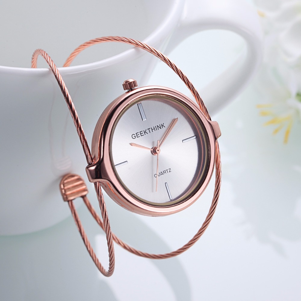 GEEKTHINK Unique Brand Quartz Watch Women Bracelet Ladies Rose Gold Watch female Luxury Double Ring steel band casual
