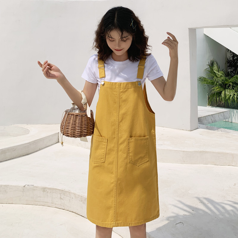 Plus size koreansk stor ficka lösa overaller streetwear femme hängslen dam hängslen svart gul jumpsuit med vida ben kvinnor  kz135: Gul kjol / L