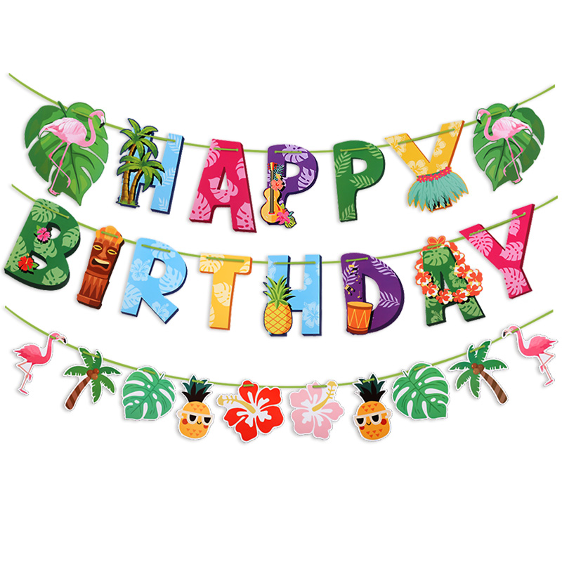 Decoración de hawaiana, guirnalda de feliz cumpleaños, cartel de piña y flamenco de dibujos animados, adornos para pastel, decoración de de boda Luau de verano: Color zafiro profundo