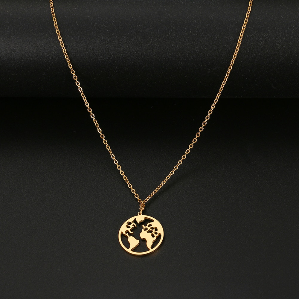 Colar de aço inoxidável com pingente de mapa mundi, boho, jóias para mulheres, presentes de viagem, gargantilha do mundo: Gold Color