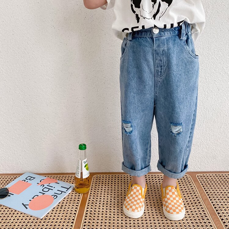 Zomer Jongens 1-8 Jaar Unisex Ripped Jeans Kids Kinderen Losse Alle-Wedstrijd Gebroken Denim Broek