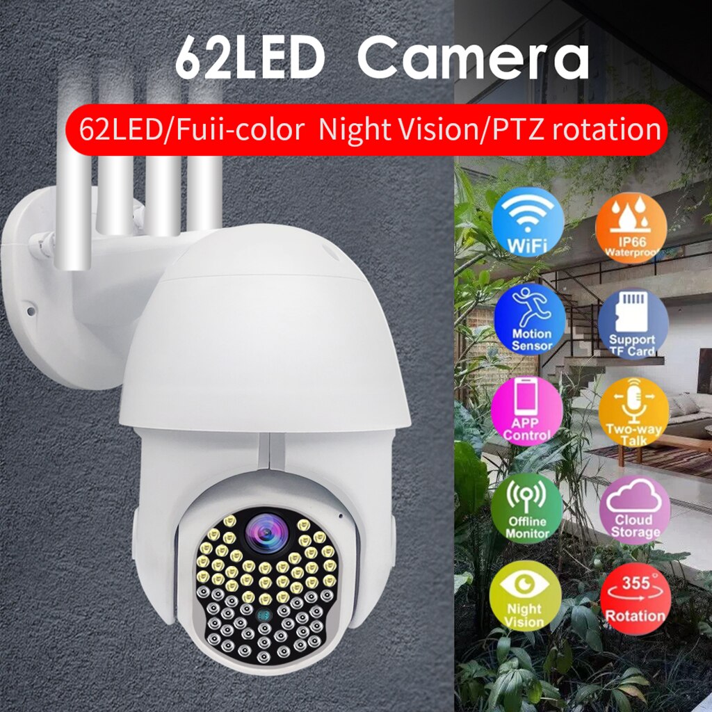 PTZ 1080P Full HD WIFI Security Camera 62 LEDs 16GB Dome Pan/Tilt Outdoor