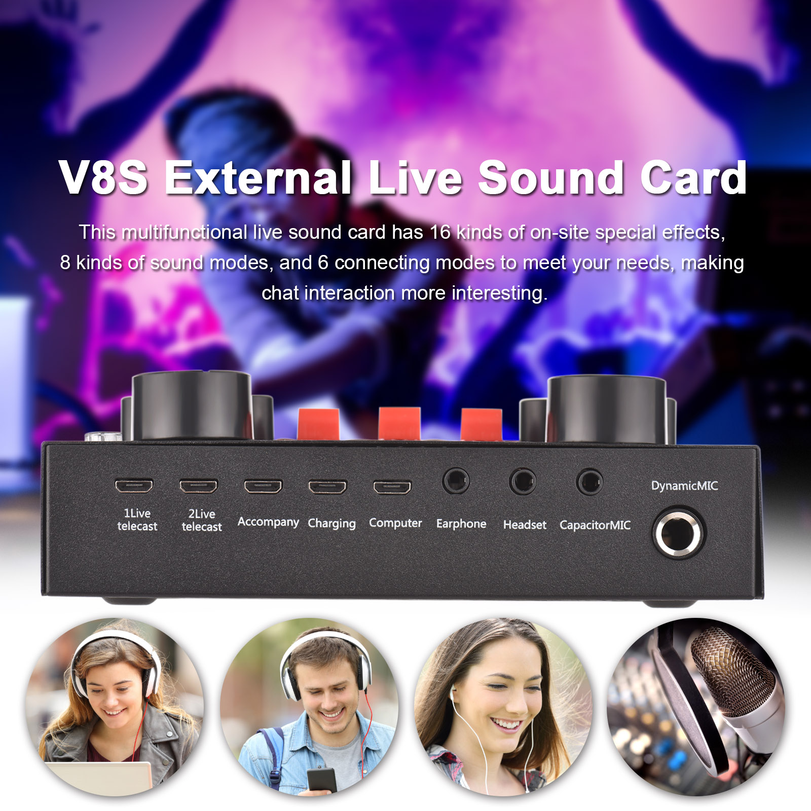 V8S External Live Sound Card Mini Sound Mixer Board for Live Broadcasting Music Recording 16 Funny Sound Effects BT Connection
