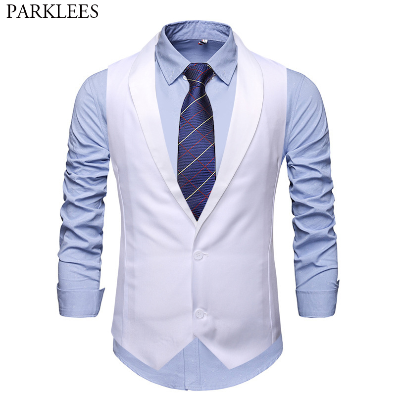 Mens White Tuxedo Vest Brand Shawl Collar Slim Fit Dress Vest Waistcoat Men Party Wedding Groom Vests Male Chaleco Hombre