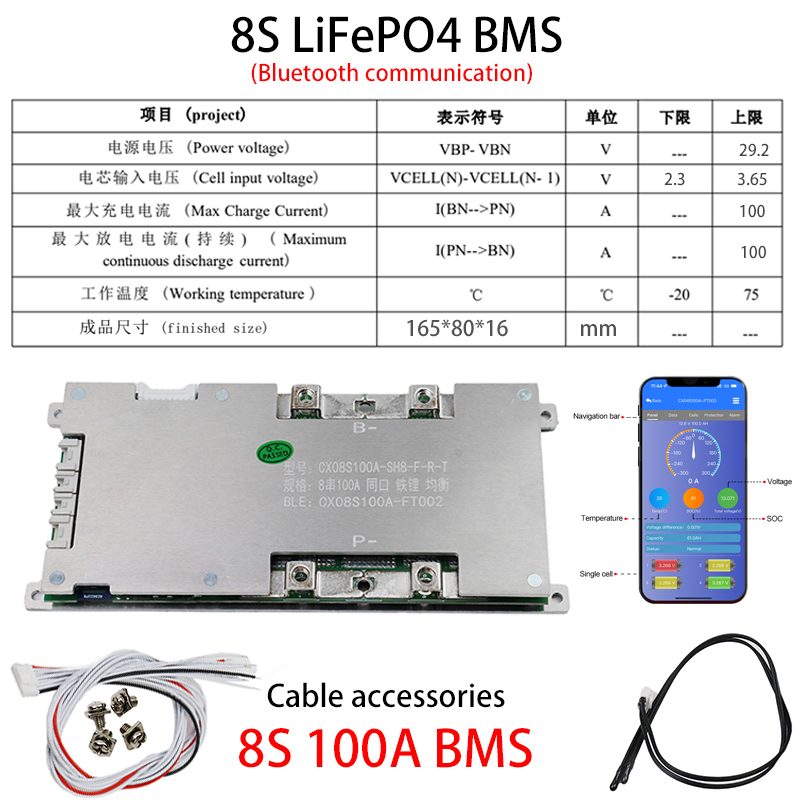 Batería LiFePo4 BMS 4S 8S 3,2 V 12V 100A 150A 200A ecualizador de placa de carga equilibrada con puerto común de protección de temperatura NTC: royal blue