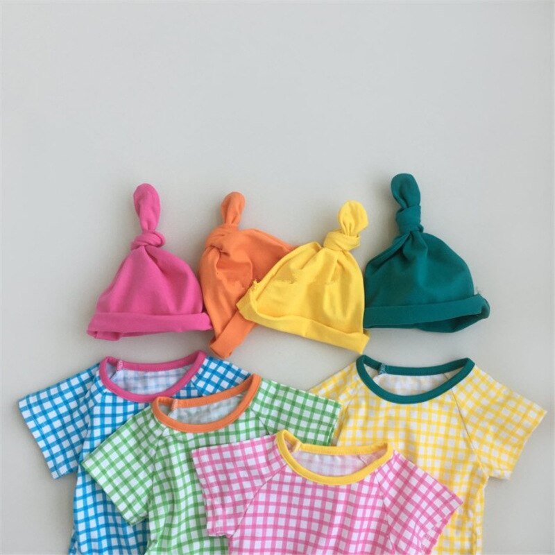 3731 zomer babykleding met korte mouwen, snoepkleurige ruitjes, kruipkleding, romper en muts voor 1 jaar oud voor meisjes en jongens