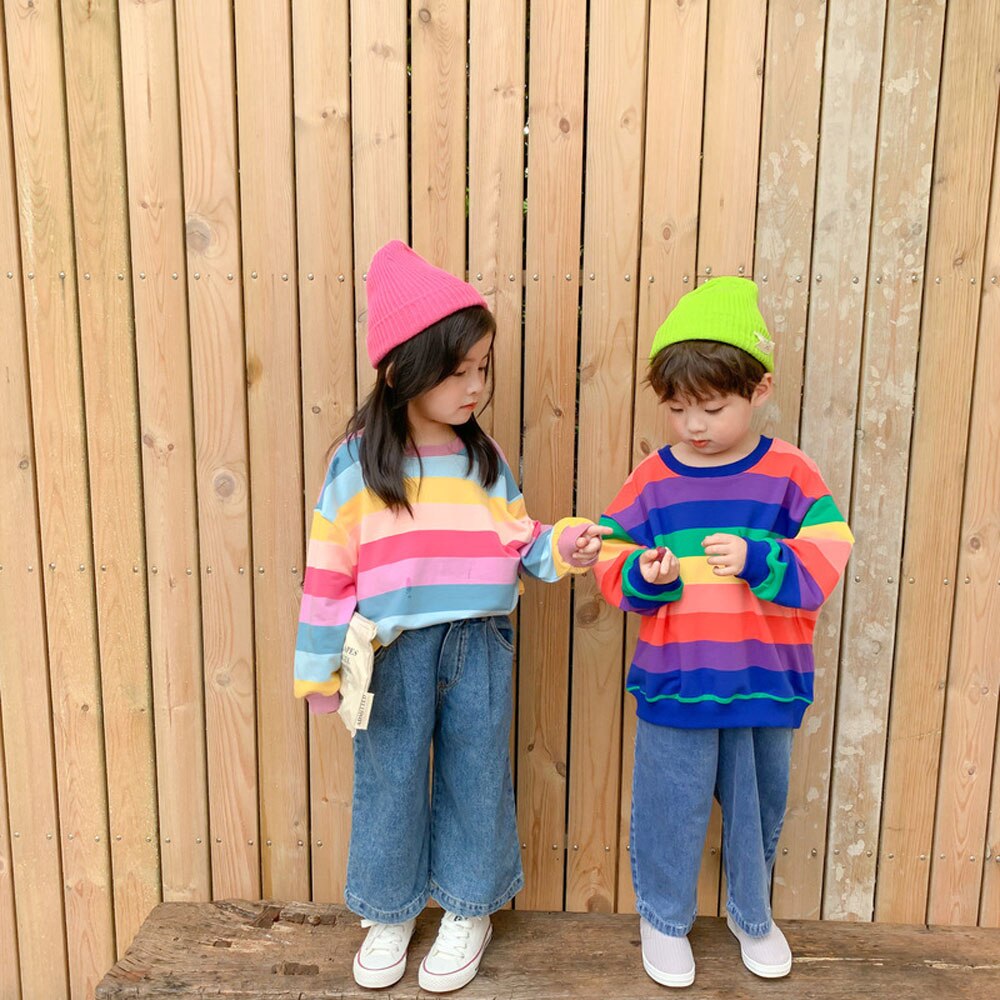 Benemaker Baby Jongens Kleding Peuter Meisjes Regenboog Strepen Vallen Kleding Crewneck Sweatshirts Kids Lange Mouwen Top NA516
